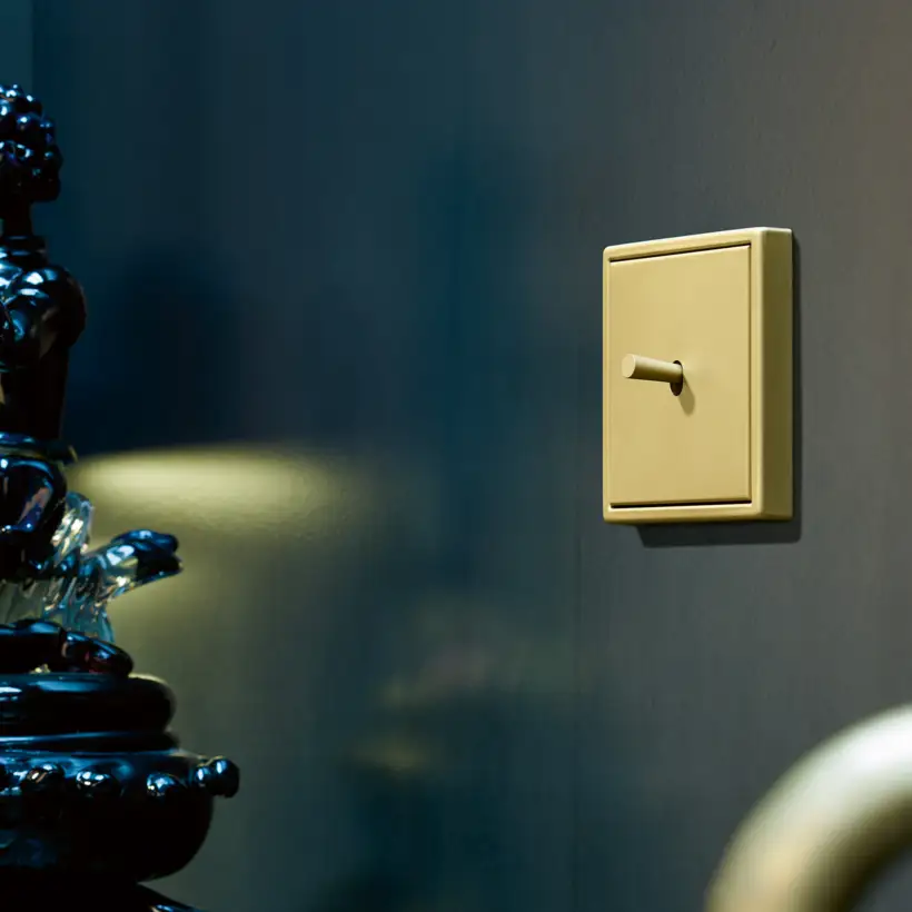 JUNG LS 1912 toggle switch in brass on a dark blue wall