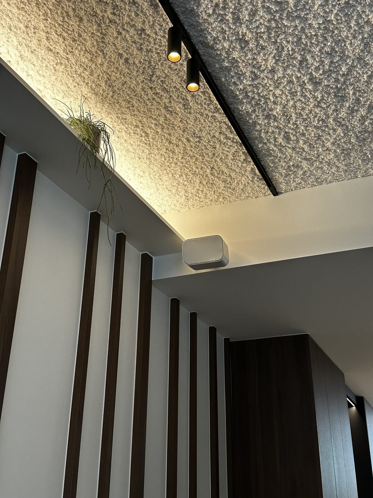 Compact Artsound surface-mount speaker fixed to a wall beneath a ceiling cove